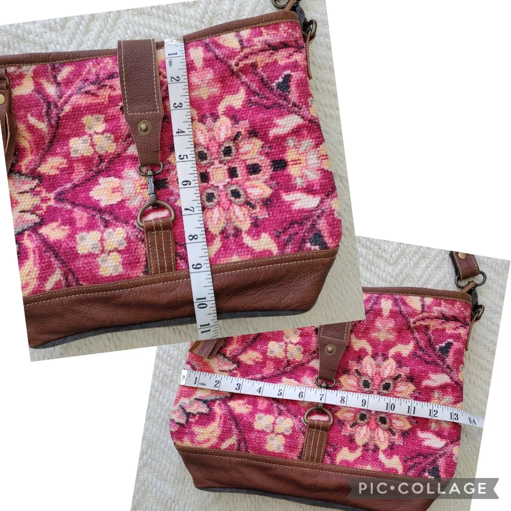 Myra Bag Fuchsia Tapestry Cotton & Leather Boho Satchel - Picture 12 of 14